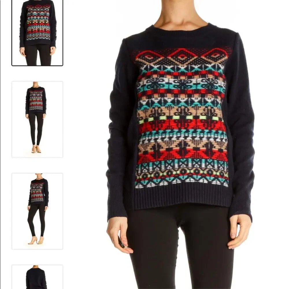J. Crew navy blue crewneck fair isle geometric wool sweater